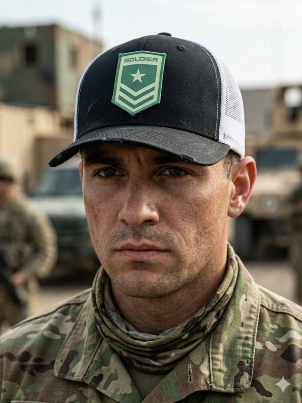 SOLDIER Patched Black/White Low Profile Mesh Snapback Trucker Hat